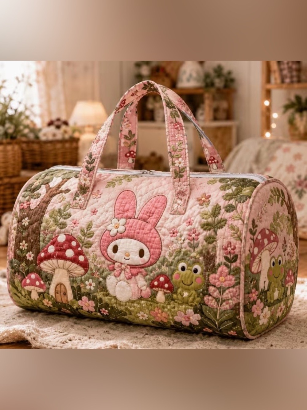 Pink Quilted my melody Tote Bag with Floral Appliqué